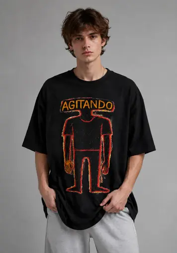 Front view men oversized black graphic print t-shirt, casual streetwear apparel, custom oem clothing supplier