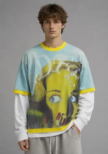 Male model front view wearing Washed Double-Layer Graphic T-Shirt, oem apparel manufacturer 