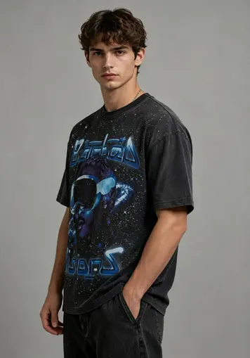 Male model side front view wearing Rhinestone Graphic T-Shirts, oem apparel manufacturer