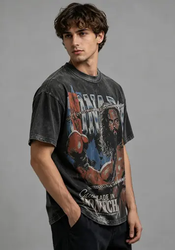 Male model side front view wearing Washed Heavyweight Cotton T-Shirts with Print, oem apparel manufacturer