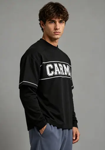 Male model side front view wearing Double-Layer Long Sleeve Heavyweight T-Shirts, oem apparel manufacturer
