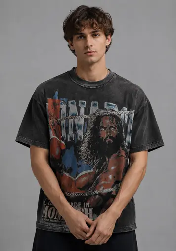 Male model front view wearing Washed Heavyweight Cotton T-Shirts with Print, oem apparel manufacturer 