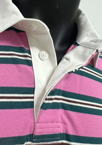Collar placket detail of striped rugby sweatshirt