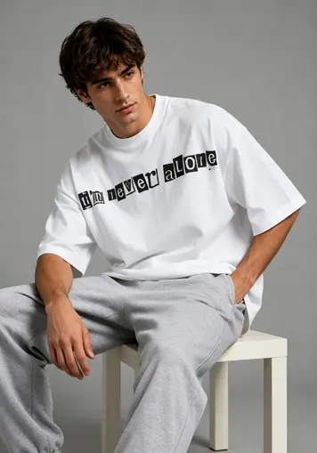 Oversized men graphic tee front view, custom oem clothing supplier