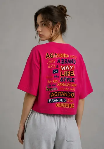 Back view women bright pink printed cropped tee, colorful vintage letter design, oem odm clothing factory
