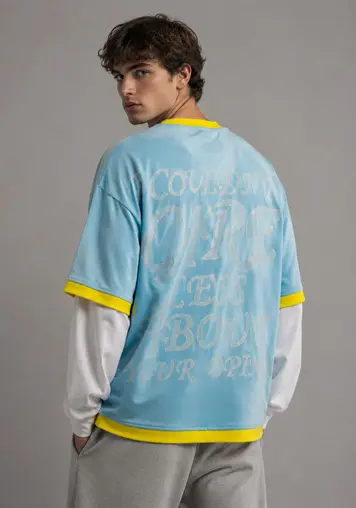 Male model back view wearing Washed Double-Layer Graphic T-Shirt, oem apparel manufacturer