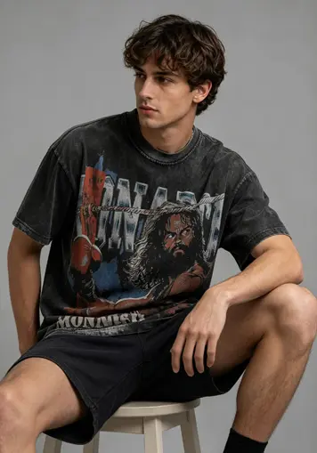 Male model sitting angled view wearing Washed Heavyweight Cotton T-Shirts with Print, oem apparel manufacturer