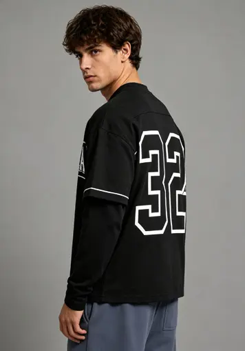Male model side back view wearing Double-Layer Long Sleeve Heavyweight T-Shirts, oem apparel manufacturer