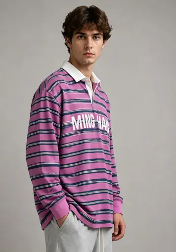 Model side view wearing men's striped long sleeve polo shirt