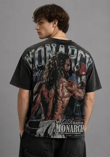 Male model back view wearing Washed Heavyweight Cotton T-Shirts with Print, oem apparel manufacturer