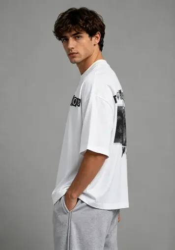 Side view men’s oversized graphic t‑shirt, casual streetwear, OEM clothing