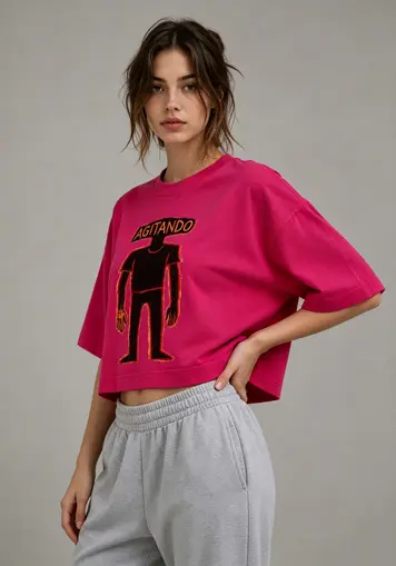 Three-quarter front view oversized pink cotton crop t-shirt for ladies, relaxed casual wear, oem clothing