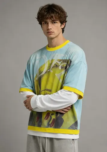 Male model crossed arms wearing Washed Double-Layer Graphic T-Shirt, oem apparel manufacturer