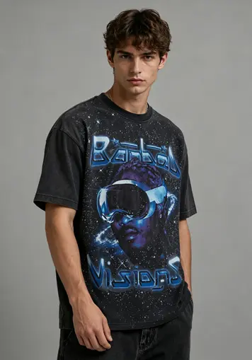 Male model angled view wearing Rhinestone Graphic T-Shirts, oem apparel manufacturer