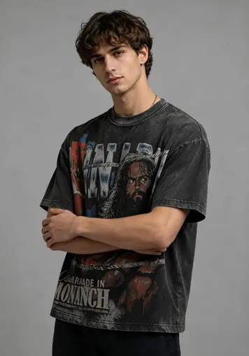 Male model crossed arms angled view wearing Washed Heavyweight Cotton T-Shirts with Print, oem apparel manufacturer