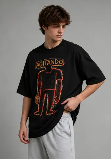 Three-quarter view oversized black cotton graphic tee for men, street fashion, custom oem clothing