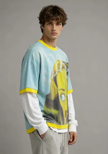 Male model side front view wearing Washed Double-Layer Graphic T-Shirt, oem apparel manufacturer