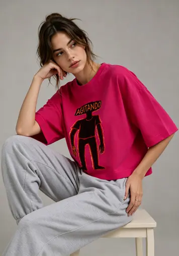 Sitting pose women hot pink printed cropped t-shirt lifestyle shot, casual daily outfit, oem clothing manufacturer