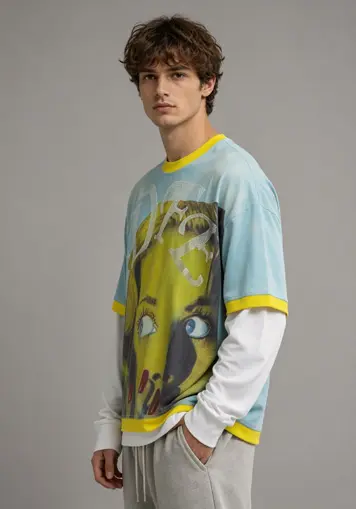 Male model side view wearing Washed Double-Layer Graphic T-Shirt, oem apparel manufacturer