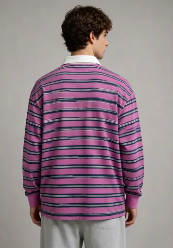 Back view vintage stripe rugby polo sweatshirt for men