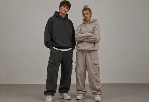 Unisex streetwear hoodie with multi‑pocket cargo sweatpants set, oversized casual outfit, custom OEM ODM apparel manufacturer