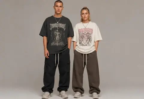 Unisex graphic print oversized streetwear t‑shirt with baggy sweatpants, custom OEM ODM clothing manufacturer