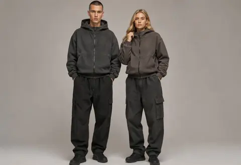 Unisex streetwear zip‑up hooded jacket with cargo pants set, custom OEM ODM apparel manufacturer