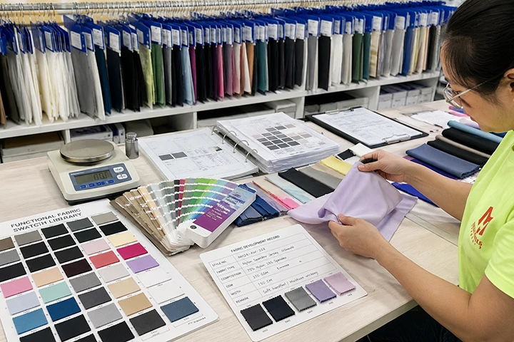 fabric development Fabric development and material selection at Minghang Garments with swatches, color references, and performance fabric samples