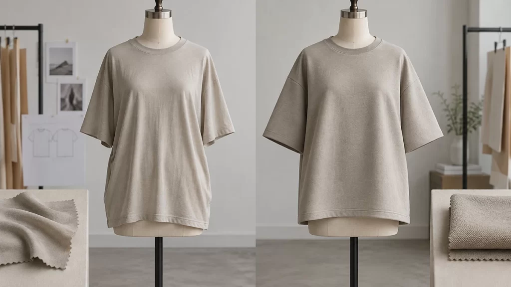 Drape Affects the Visual Result Different fabric weights showing how material structure affects oversized garment fit