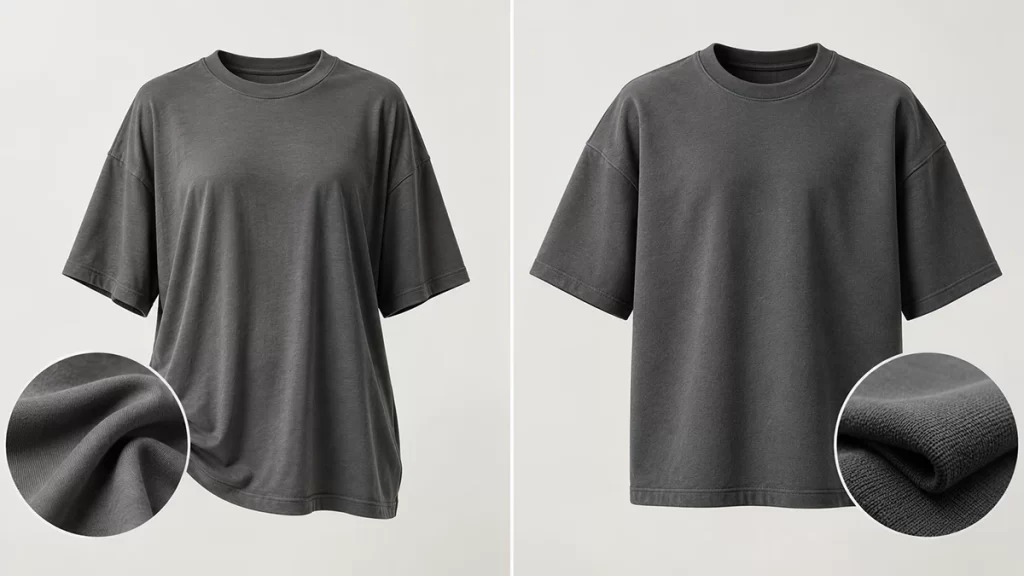 fabric-effect-drop-shoulder-silhouette Lightweight and heavyweight fabrics showing different drop shoulder silhouettes